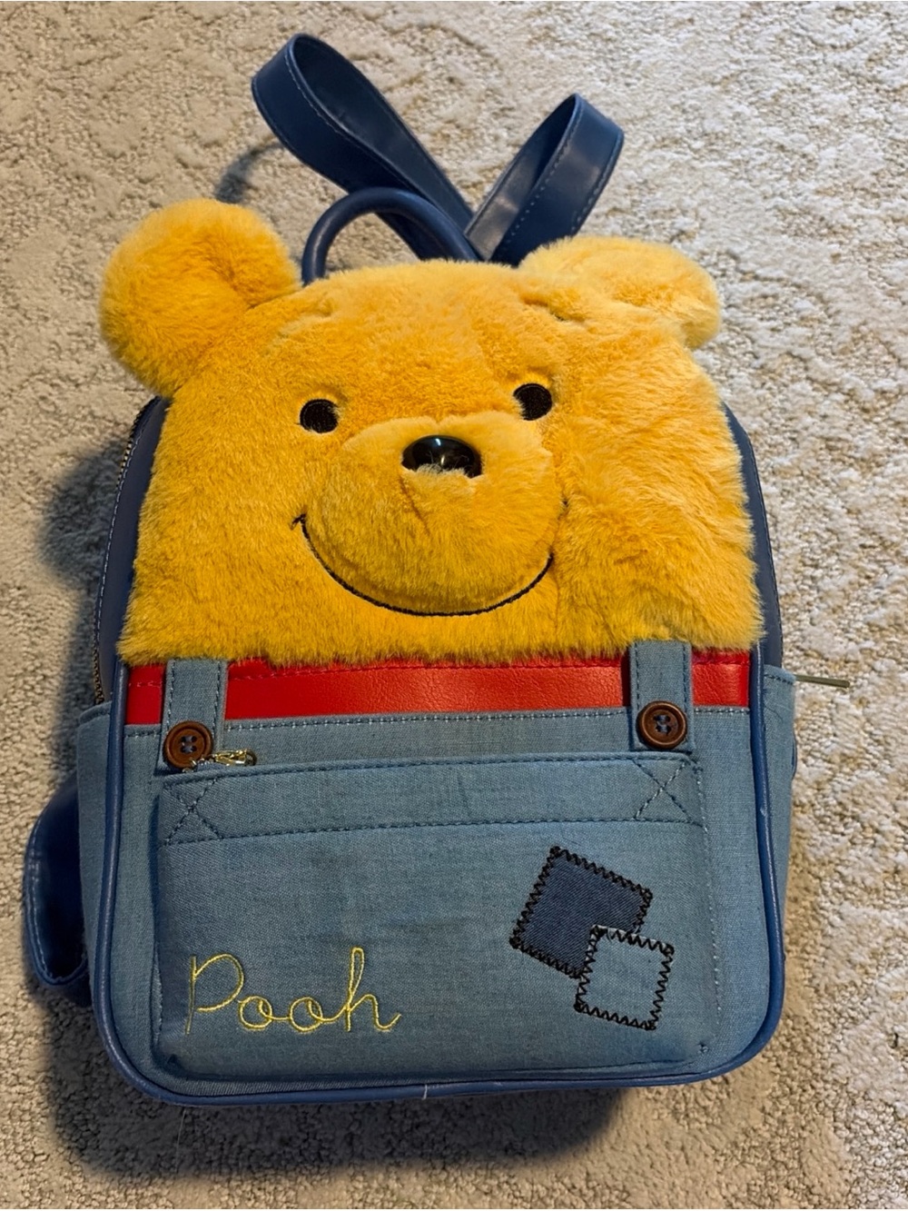 Disney Winnie The Pooh Super Soft Plush Face Overalls Mini Backpack Bag